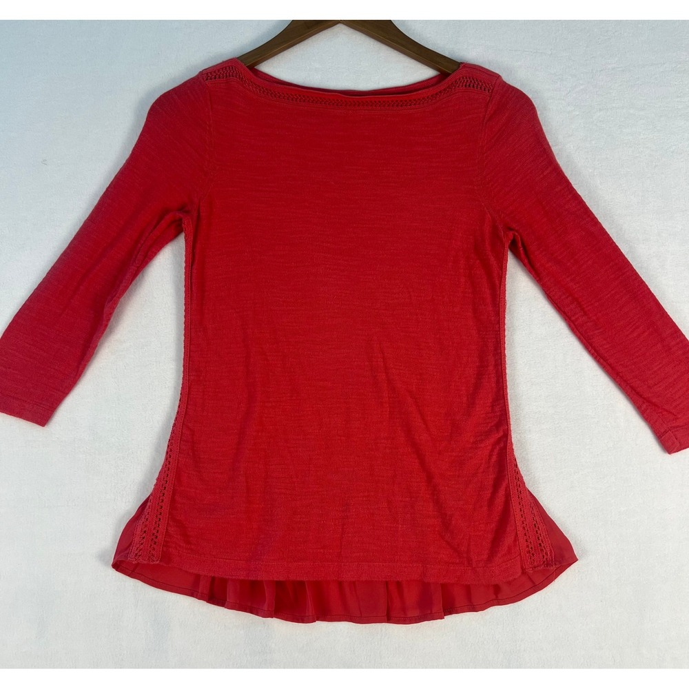 LOFT Peplum Top Wm XXSP Red Crochet Trim 3/4 Sleeve Cotton Knit Blouse Boho Chic